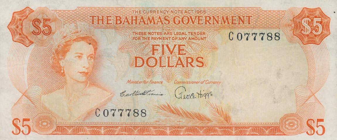 Front of Bahamas p21a: 5 Dollars from 1965