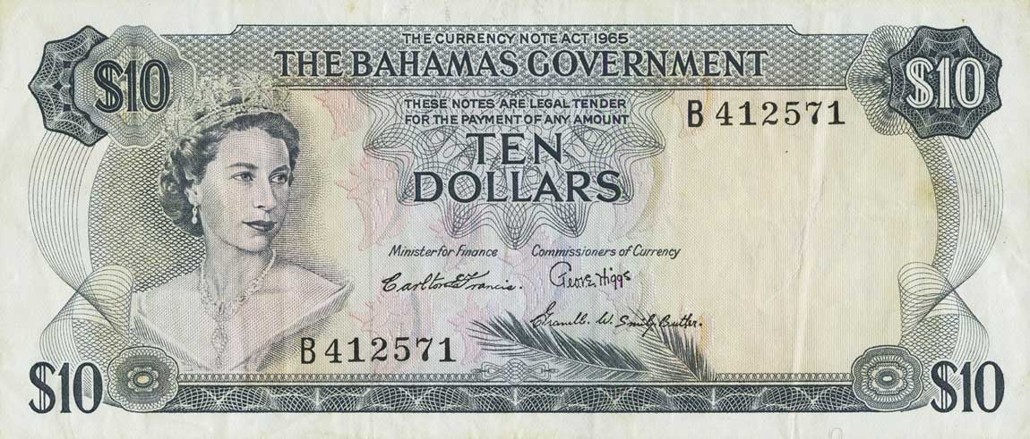 Front of Bahamas p22b: 10 Dollars from 1965
