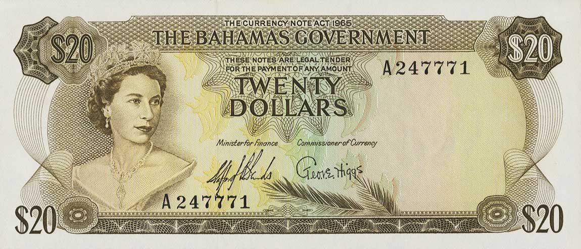 Front of Bahamas p23a: 20 Dollars from 1965