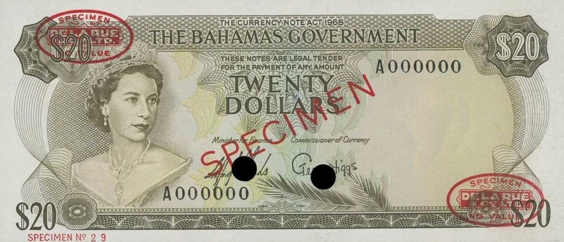 Front of Bahamas p23s: 20 Dollars from 1965