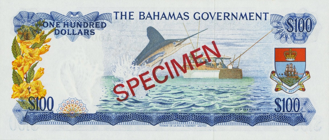 Back of Bahamas p25s: 100 Dollars from 1965