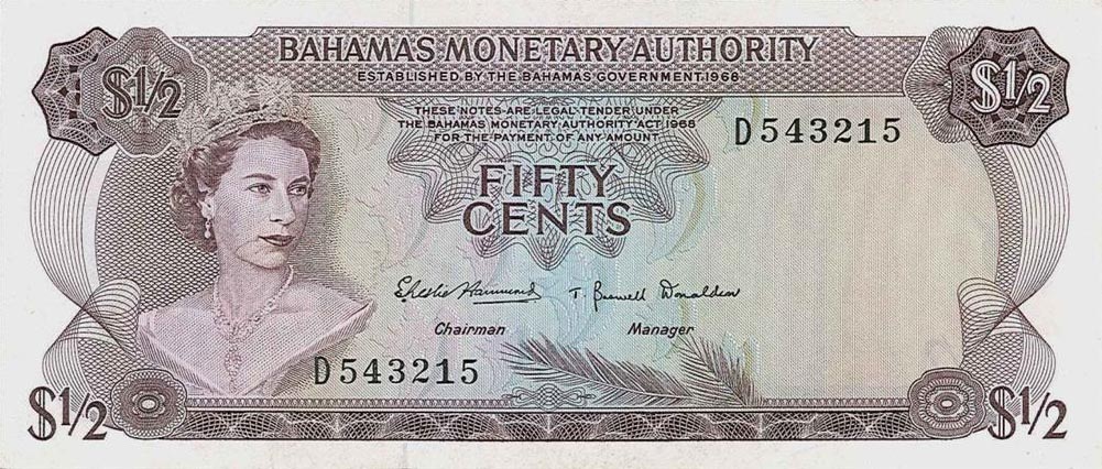 Front of Bahamas p26a: 0.5 Dollar from 1968