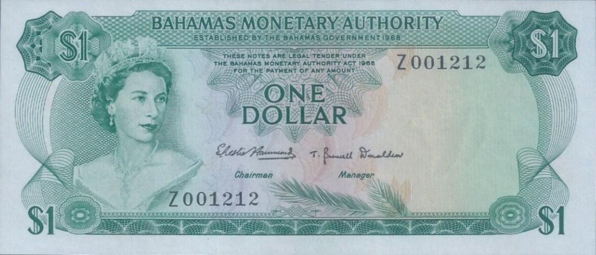 Front of Bahamas p27r: 1 Dollar from 1968