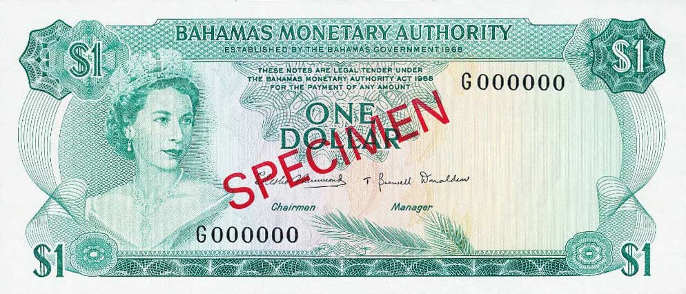 Front of Bahamas p27s: 1 Dollar from 1968