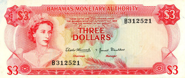 Front of Bahamas p28a: 3 Dollars from 1968