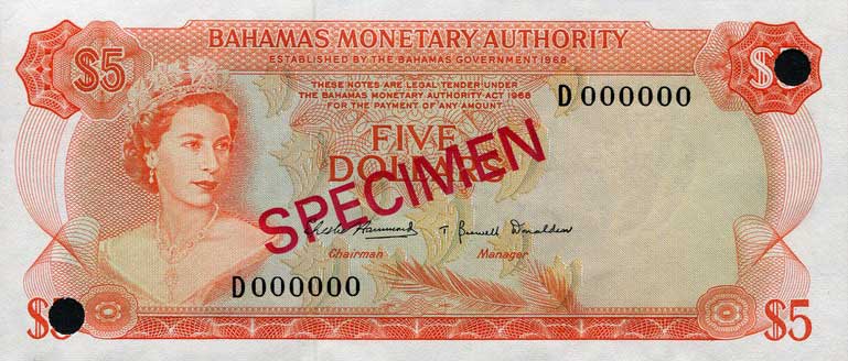 Front of Bahamas p29s: 5 Dollars from 1968