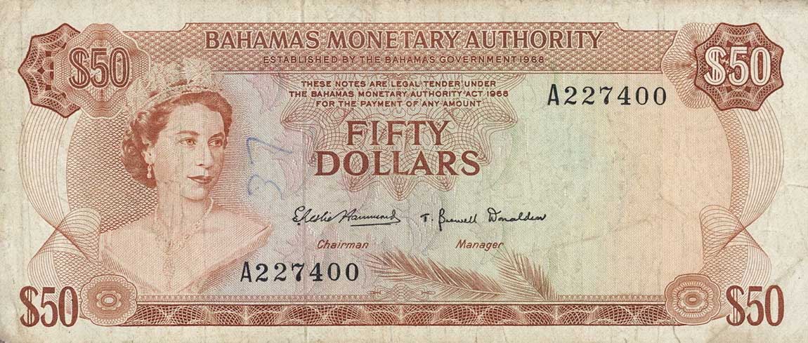 Front of Bahamas p32a: 50 Dollars from 1968