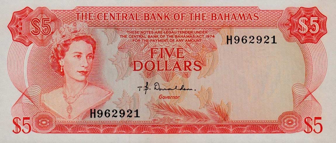 Front of Bahamas p37a: 5 Dollars from 1974