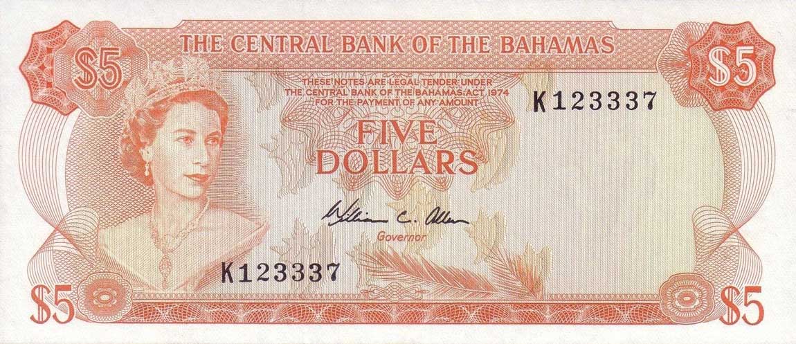 Front of Bahamas p37b: 5 Dollars from 1974