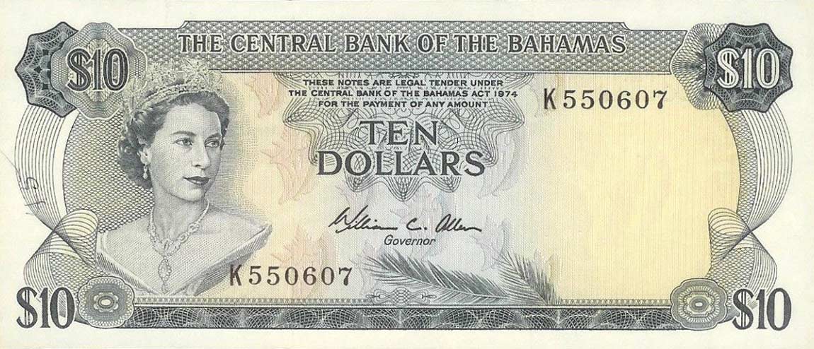 Front of Bahamas p38b: 10 Dollars from 1974