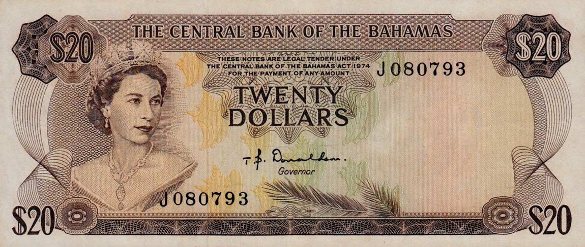 Front of Bahamas p39a: 20 Dollars from 1974