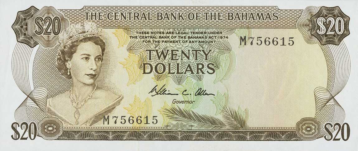 Front of Bahamas p39b: 20 Dollars from 1974