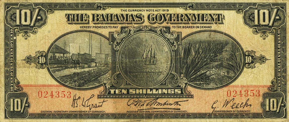 Front of Bahamas p3a: 10 Shillings from 1919