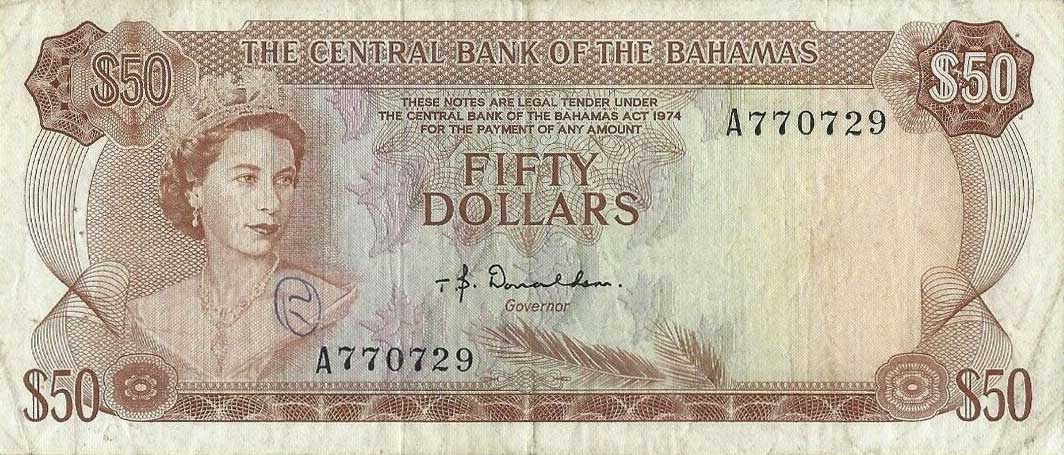 Front of Bahamas p40a: 50 Dollars from 1974