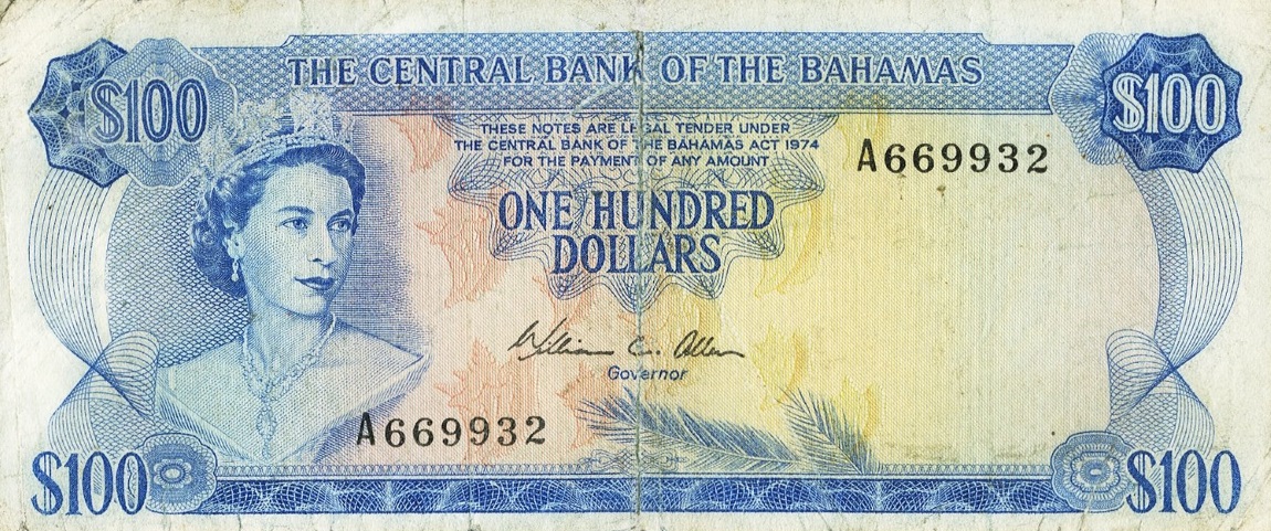 Front of Bahamas p41b: 100 Dollars from 1974