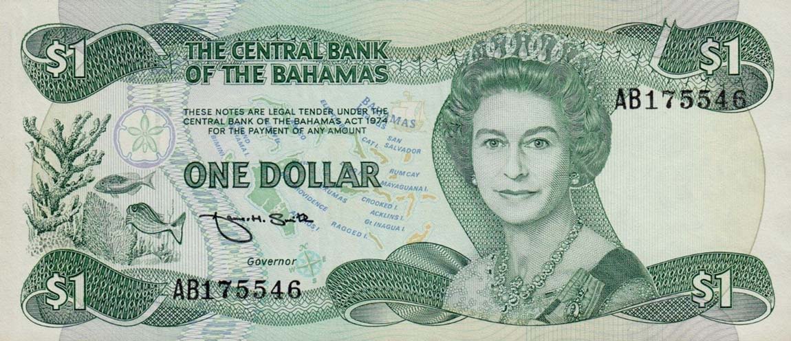 Front of Bahamas p43b: 1 Dollar from 1974