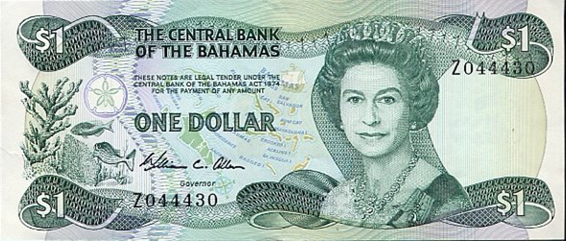 Front of Bahamas p43r: 1 Dollar from 1974