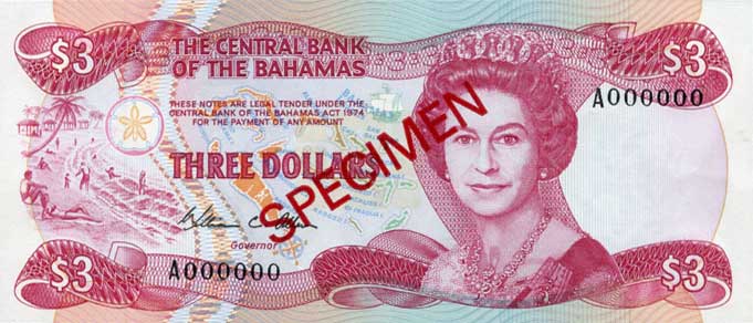 Front of Bahamas p44s: 3 Dollars from 1974