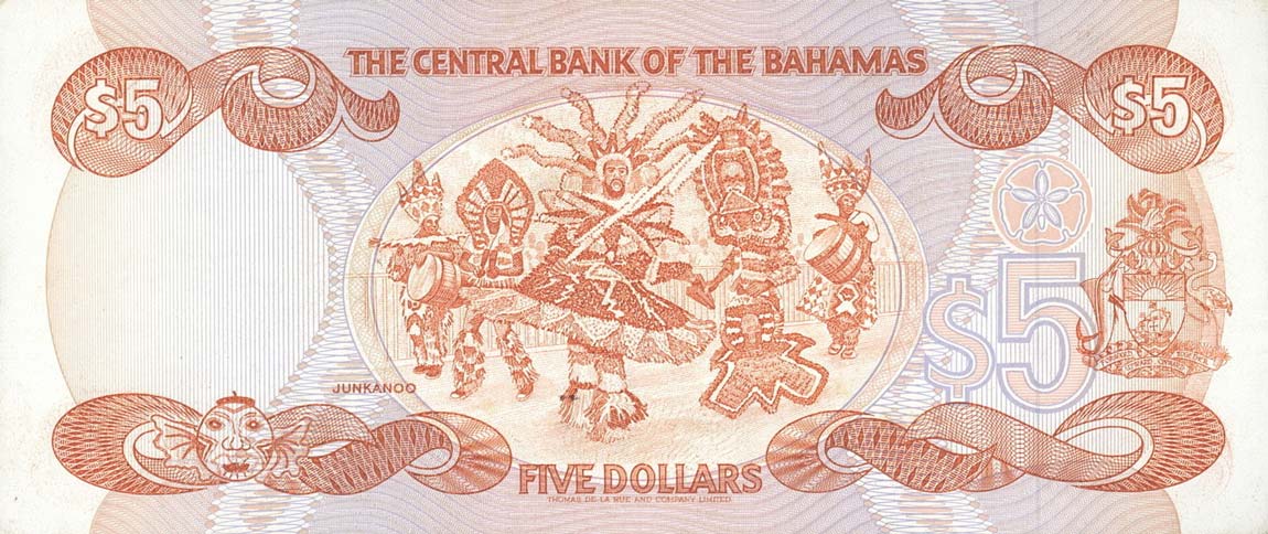 Back of Bahamas p45b: 5 Dollars from 1974