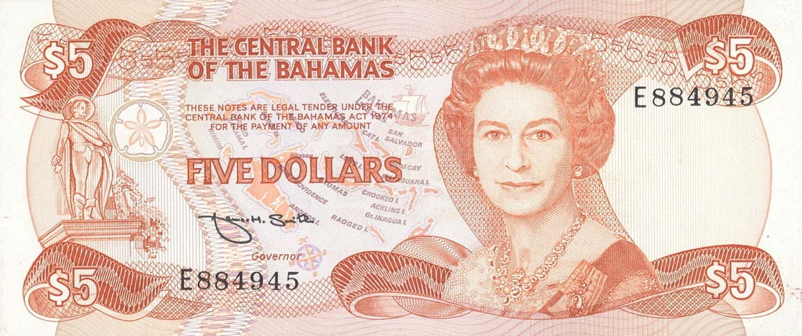 Front of Bahamas p45b: 5 Dollars from 1974