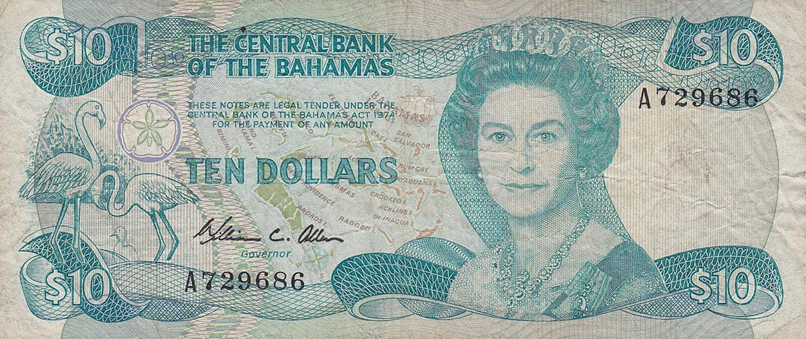 Front of Bahamas p46a: 10 Dollars from 1974