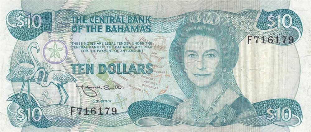 Front of Bahamas p46b: 10 Dollars from 1974