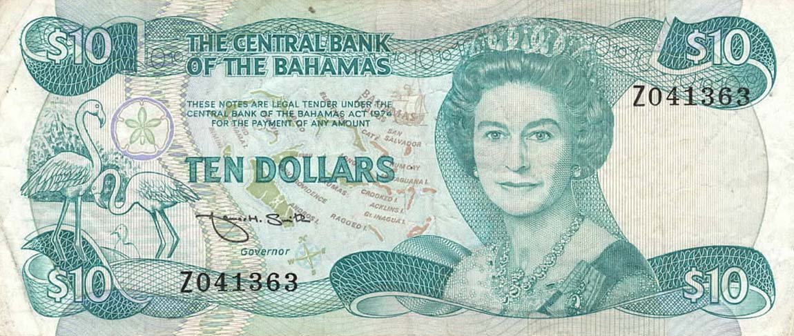 Front of Bahamas p46r: 10 Dollars from 1974