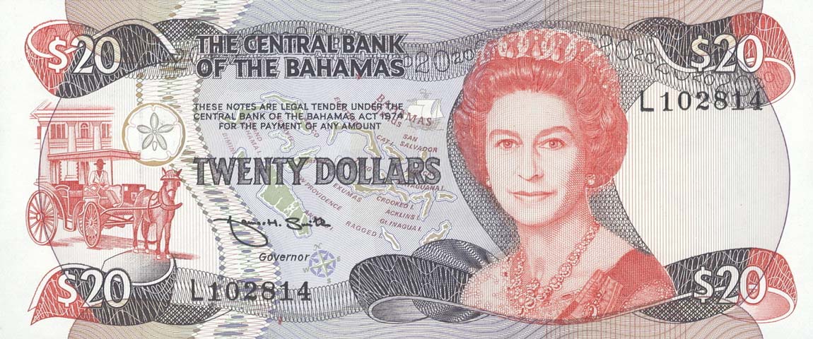 Front of Bahamas p47b: 20 Dollars from 1974