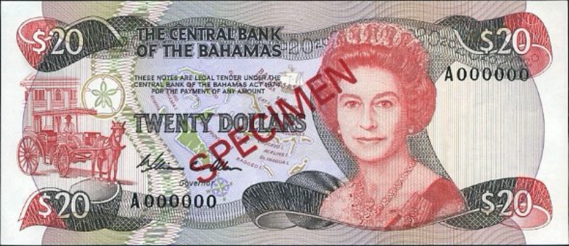 Front of Bahamas p47s: 20 Dollars from 1974