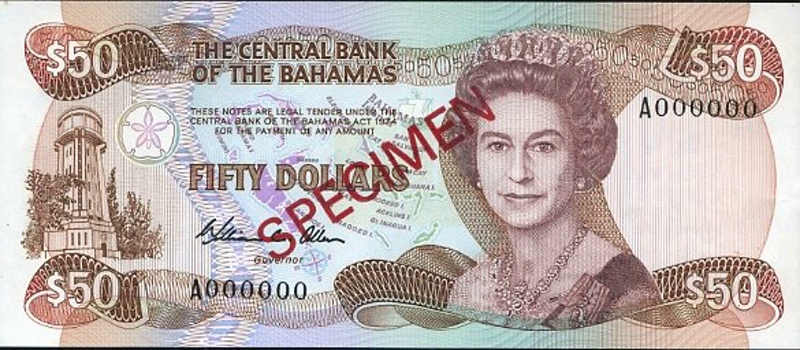 Front of Bahamas p48s: 50 Dollars from 1974