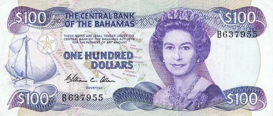 Front of Bahamas p49a: 100 Dollars from 1974