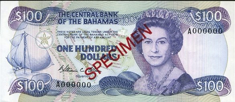 Front of Bahamas p49s: 100 Dollars from 1974