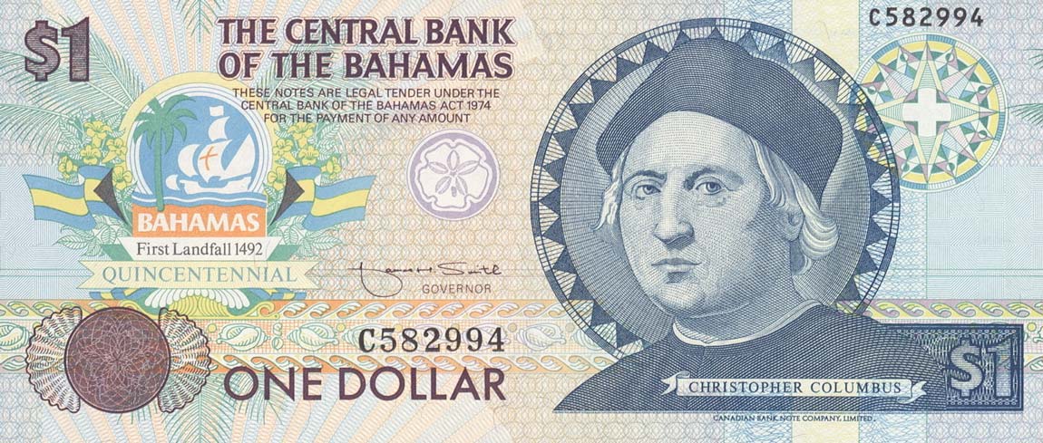 Front of Bahamas p50a: 1 Dollar from 1992