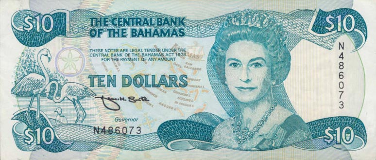 Front of Bahamas p53: 10 Dollars from 1974