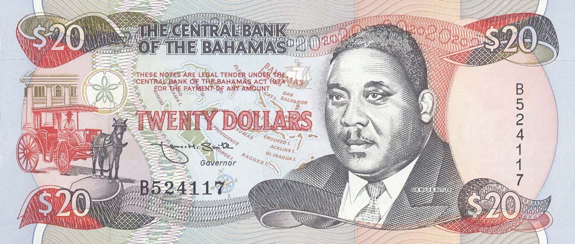 Front of Bahamas p54Aa: 20 Dollars from 1974