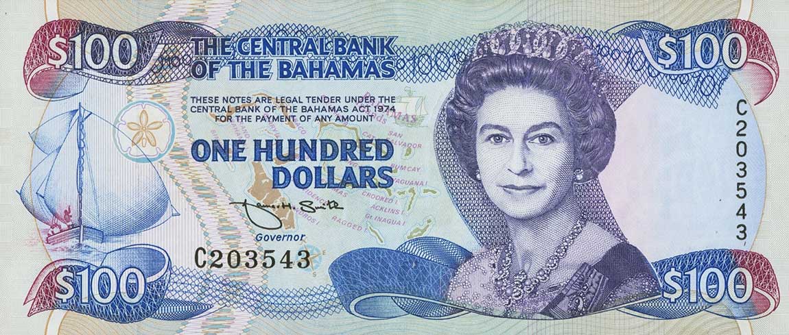 Front of Bahamas p56a: 100 Dollars from 1974