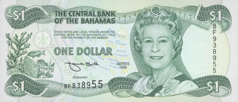 Front of Bahamas p57a: 1 Dollar from 1996