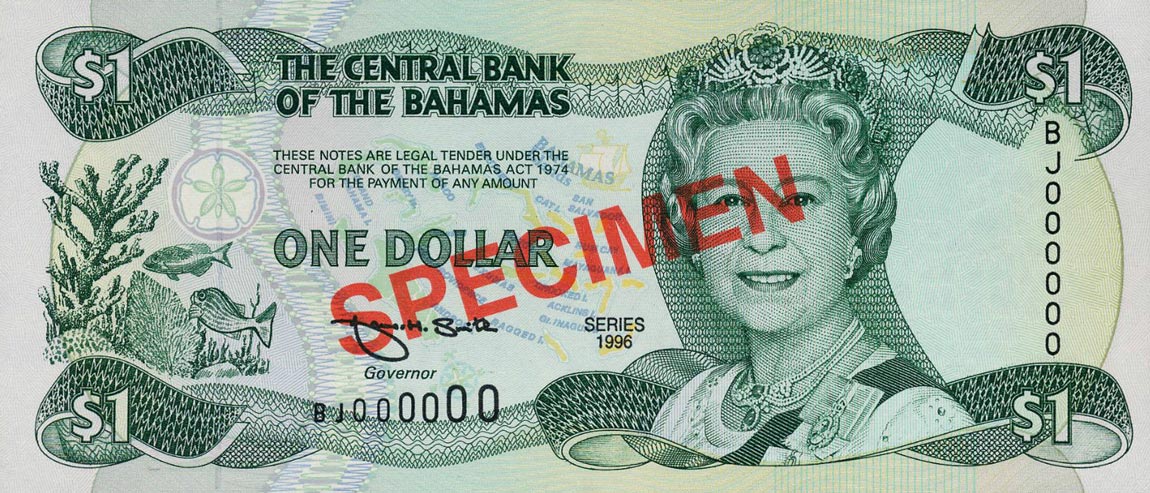 Front of Bahamas p57s: 1 Dollar from 1996