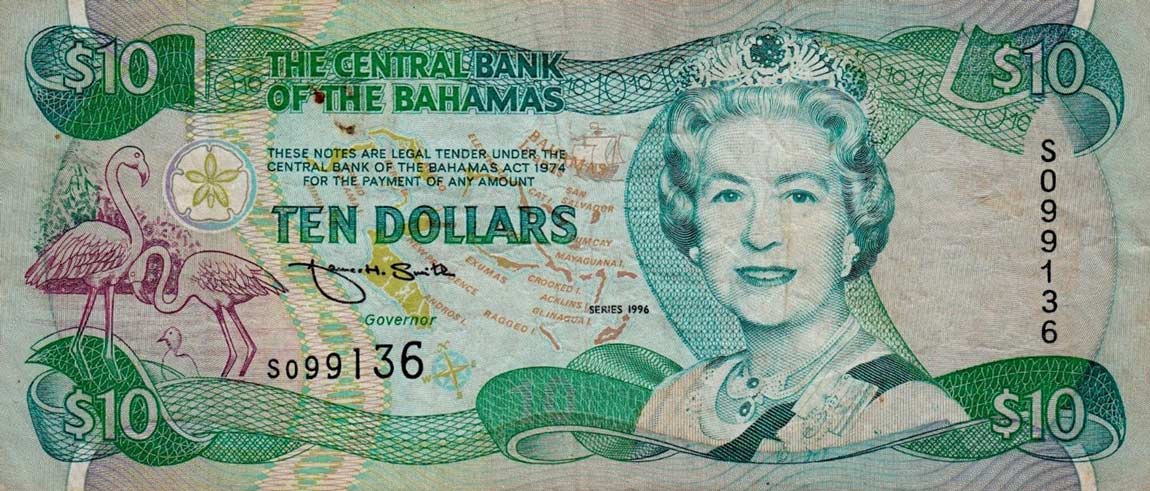 Front of Bahamas p59a: 10 Dollars from 1996