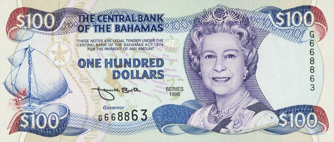 Front of Bahamas p62a: 100 Dollars from 1996