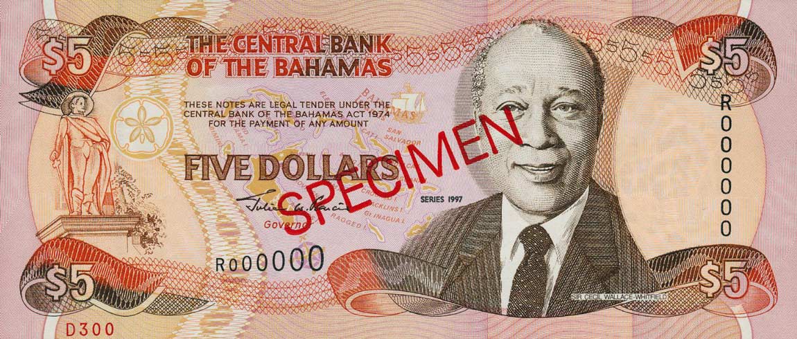 Front of Bahamas p63s: 5 Dollars from 1997