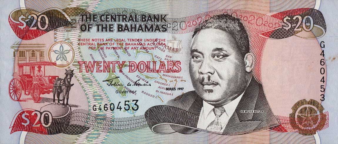 Front of Bahamas p65a: 20 Dollars from 1997