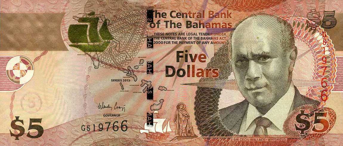Front of Bahamas p72A: 5 Dollars from 2013
