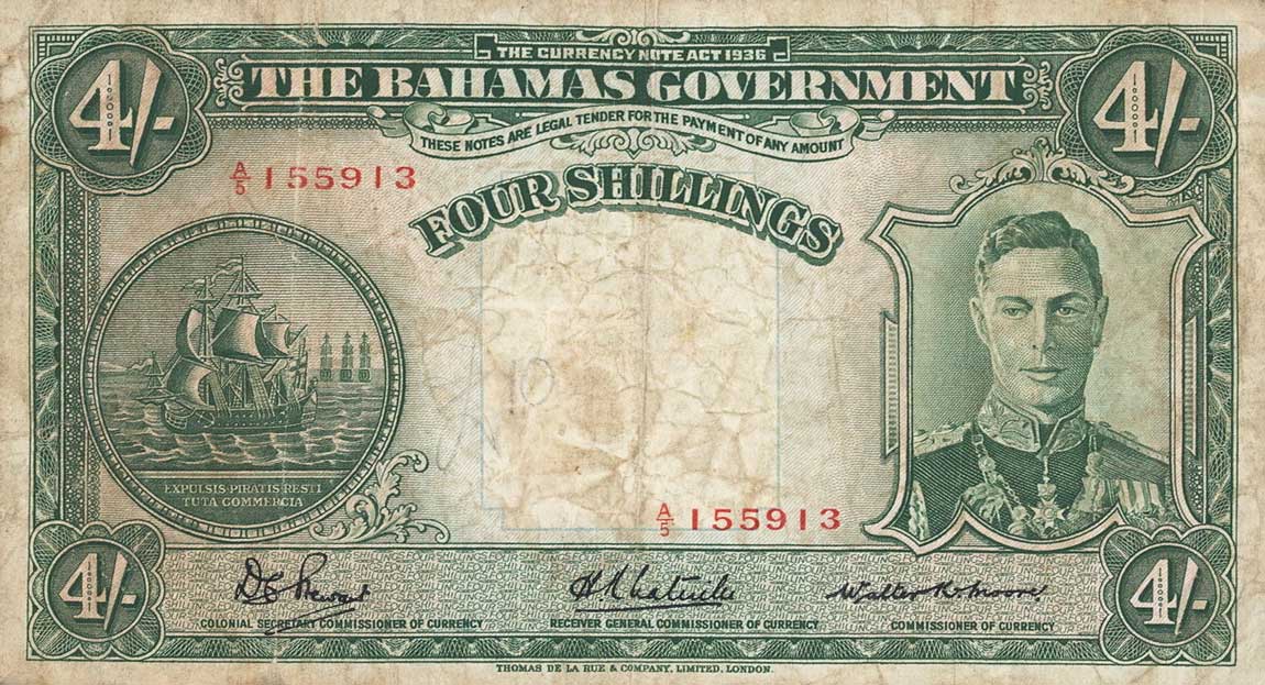 Front of Bahamas p9c: 4 Shillings from 1936