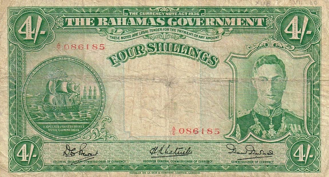 Front of Bahamas p9d: 4 Shillings from 1936