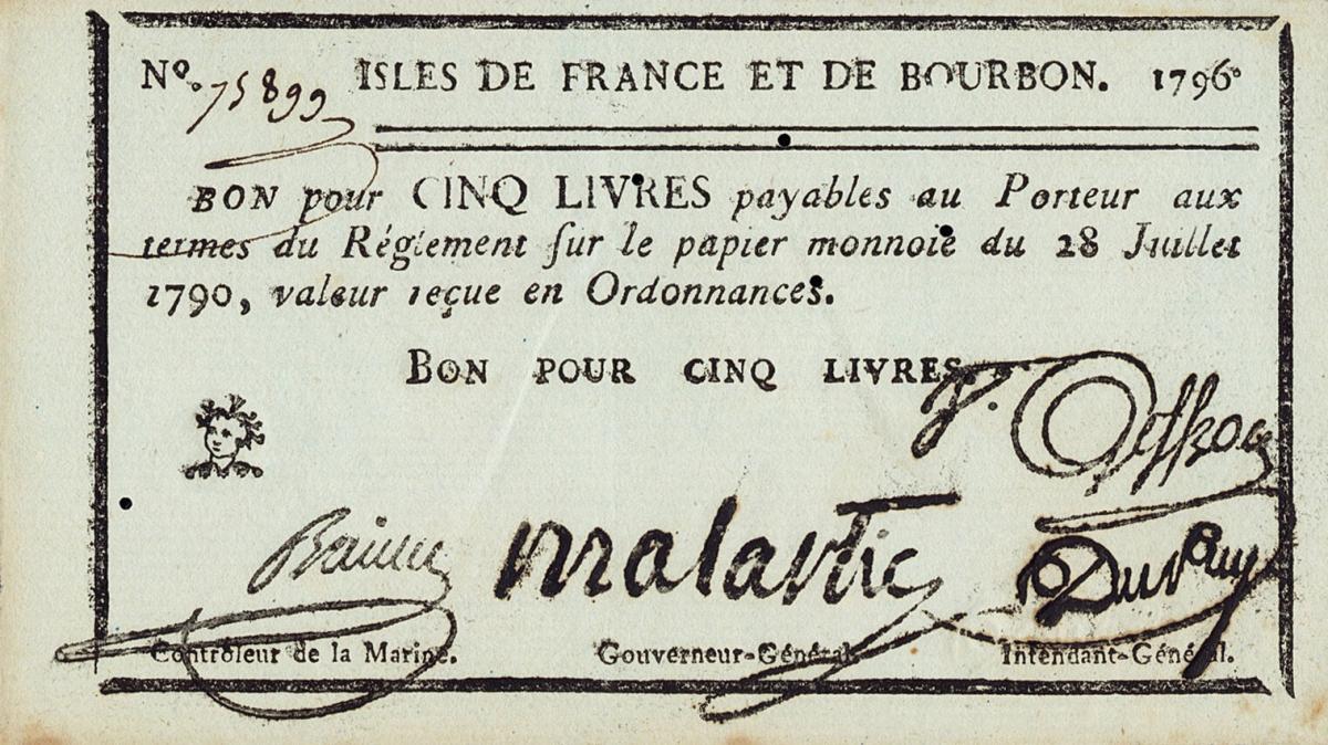 Front of Isles of France and of Bourbon p16: 5 Livres from 1790