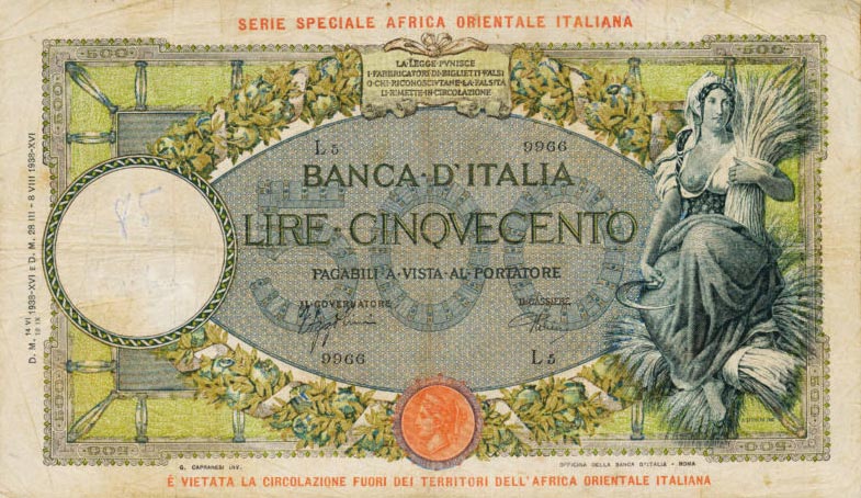 Front of Italian East Africa p3a: 500 Lire from 1938