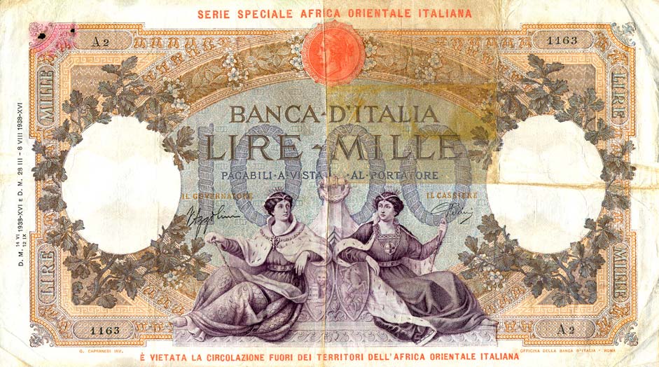 Front of Italian East Africa p4a: 1000 Lire from 1938