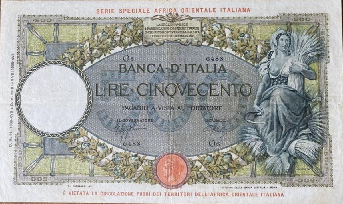 Front of Italian East Africa p3b: 500 Lire from 1939