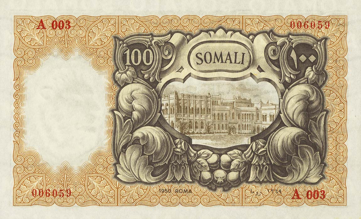 Back of Italian Somaliland p15a: 100 Somali from 1950